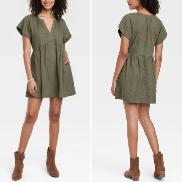 Universal Thread Linen Blend Olive Green Short Sleeves Shift Dress, Sz Large - Picture 2 of 13